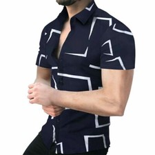 Button Down Shirt Men Fashion Navy Blue White Contrast Short Sleeve Casual Tee T
