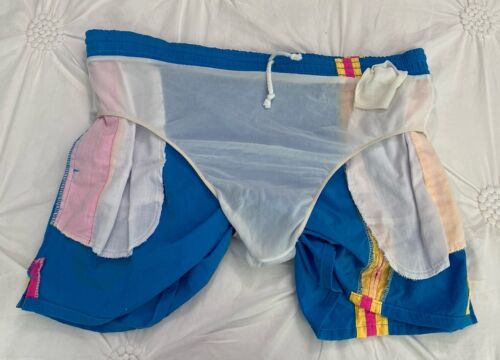 Vintage Swim Trunks California Beach Front CBF 80s Surf Shorts Retro Blue - Picture 5 of 12