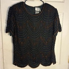 Papell Boutique Gorgeous Black and Gold Beaded Evening Top Scalloped Bottom NWT