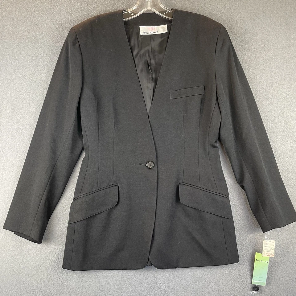 VTG Anne Klein 100% Wool Skirt Suit Sz 8 NWT Black Ankle Pencil Lined Slit Belt - Image 2 of 4