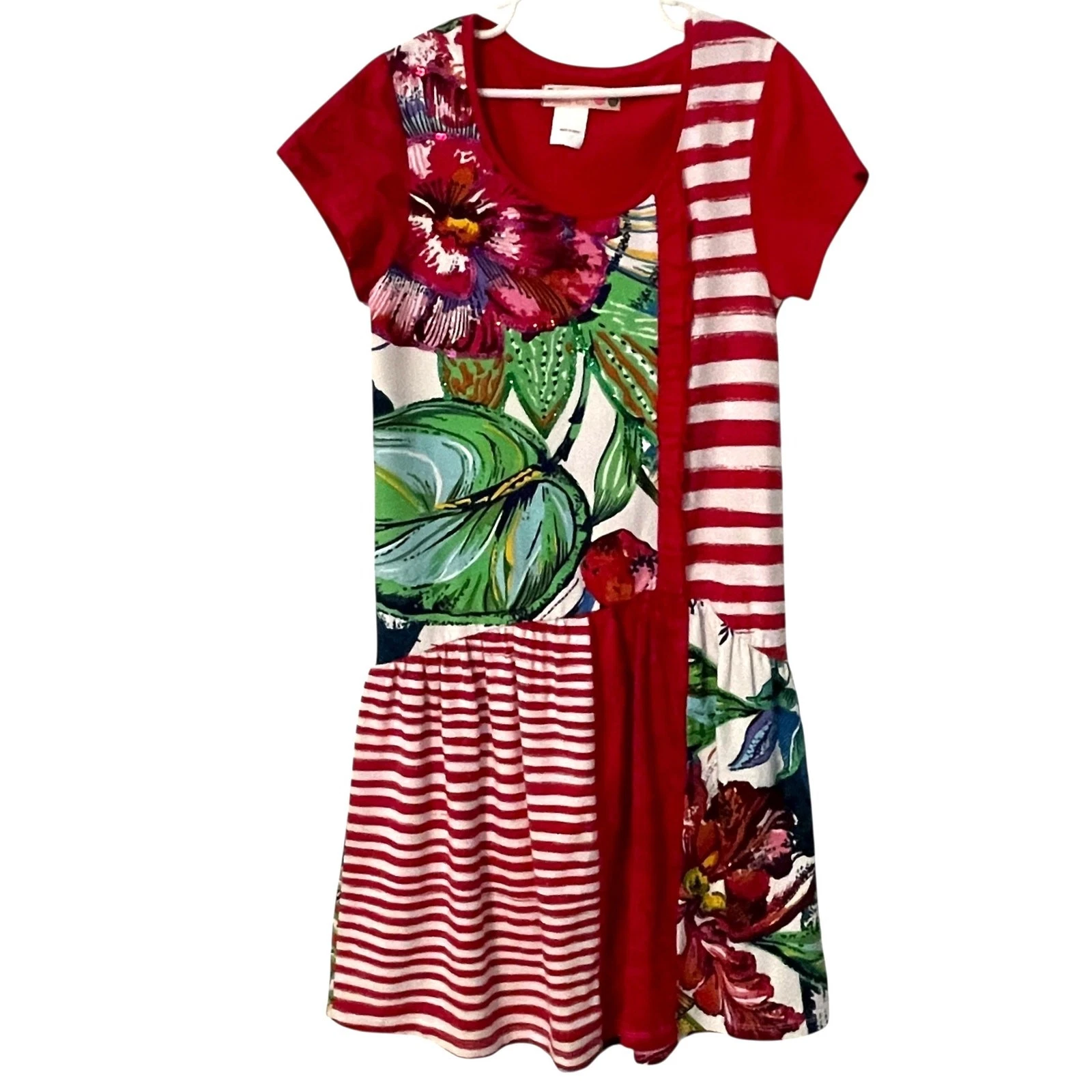Desigual Mixed Print Dress Girls Size 11/12 Red Stripe Tropical Floral Sequins