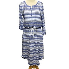 T by Talbots Dress M Blue White Stripe Drawstring Roll Tab Nautical Coastal Soft
