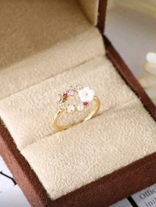 Authentic Gold-Plated Copper Butterfly And Flower Pearl And Rhinestones Round Ring Size 7