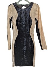 Fashion Nova Women Dress sz M Tan Black Colorblock Velvet Bodycon Fit Cocktail