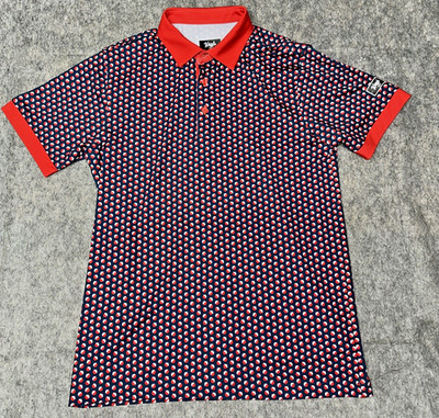 Waggle Men Bobby Golf Polo Size Small with all over Red Bobbers print (005-7)