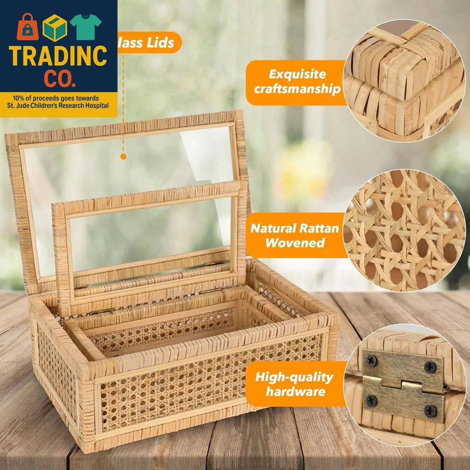Large Handwoven Boho Rattan Display Boxes with Glass Lids - Set of 2 Rectangular - Image 4 of 4