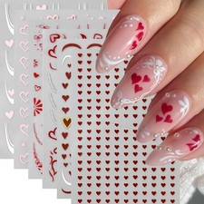 6 Sheets Valentines Nail Art Stickers Heart Nail Decals 3D Self French Tip