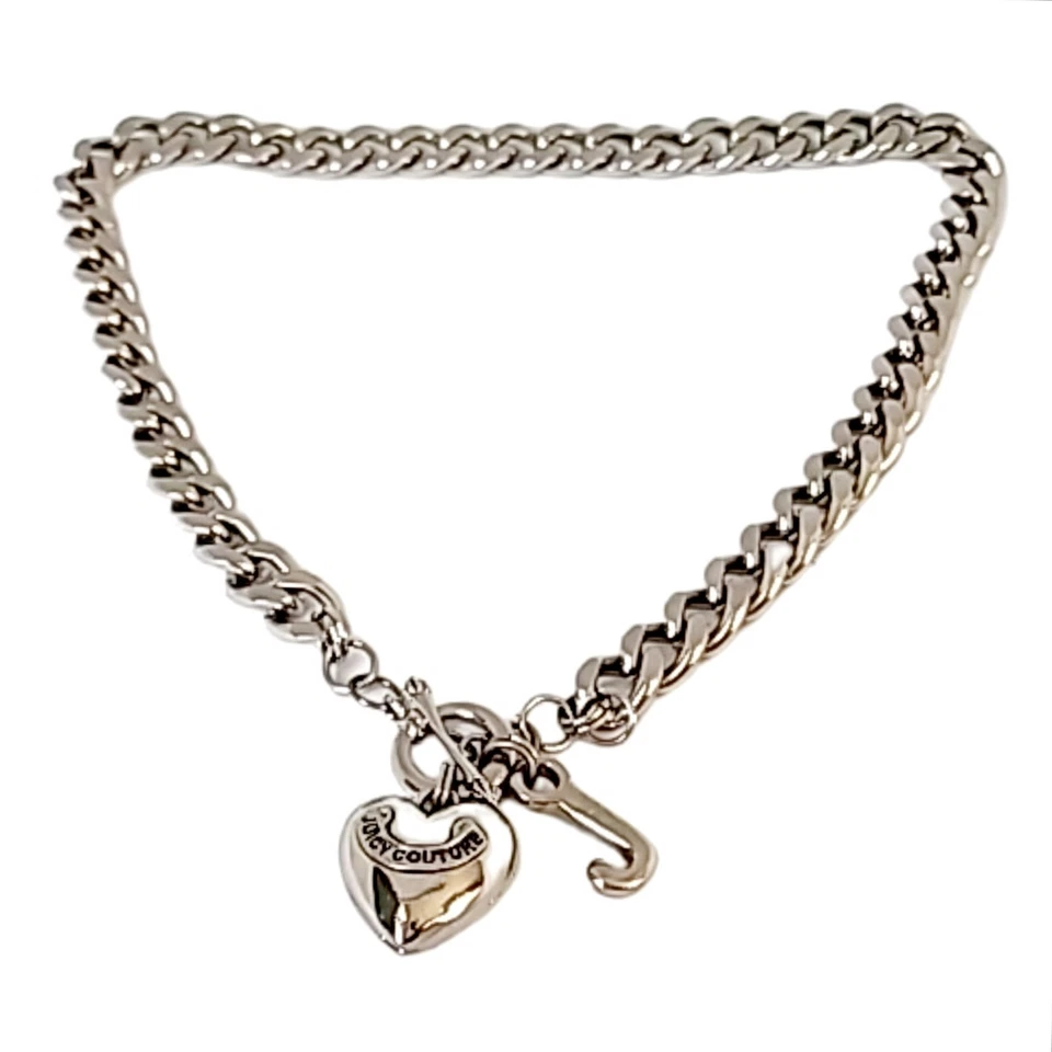 Juicy Couture Silver Tone Choker Chain Link Toggle Clasp Heart J Charms Necklace