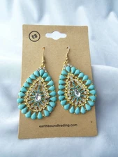 Vintage Earth Bound Trading Aqua& Crystal Rhinestone Teardrop Pierced Earrings
