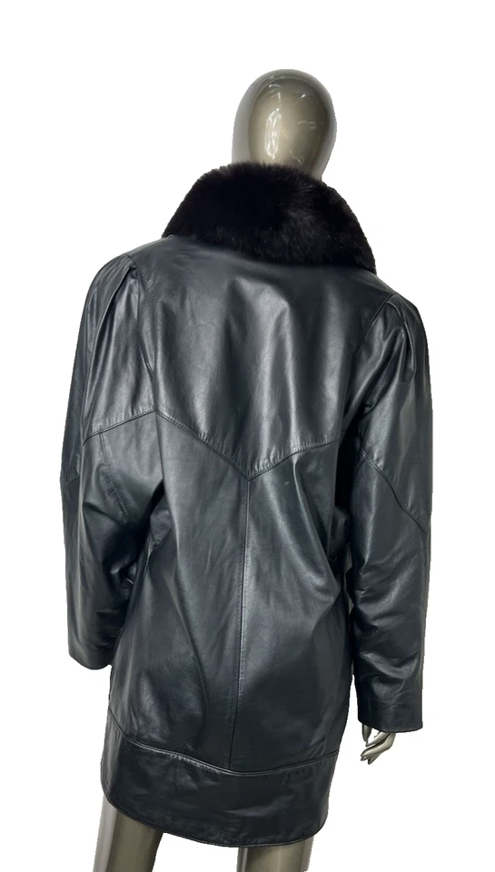 Jacqueline Ferrar Coat Womens Large Tuxedo Fox Fur Black Leather Jacket - Image 3 of 4