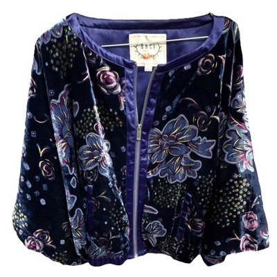 BNCI Purple Multicolor Floral Velvet Zip Short Lightweight Jacket NLJ15900 L