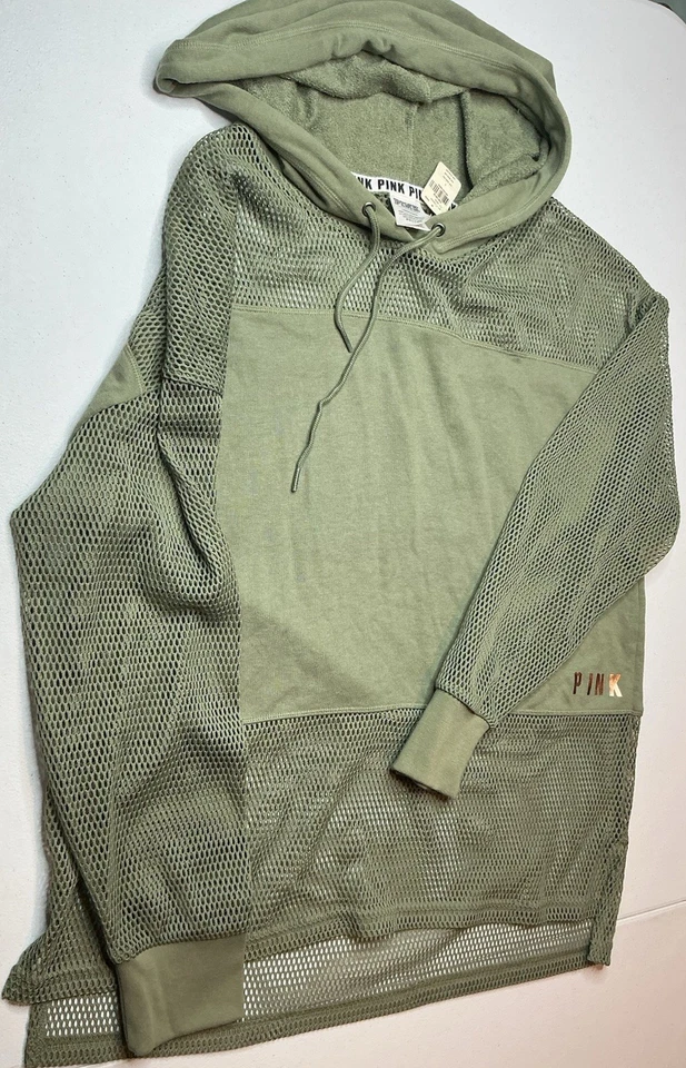 Pulôver logotipo manga longa malha verde grande com capuz Victoria’s Secret rosa - Imagem 2 de 4