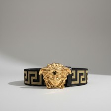 NWT Versace Medusa Greca Gold/Black Fabric Leather Belt Size 80/32 Authentic