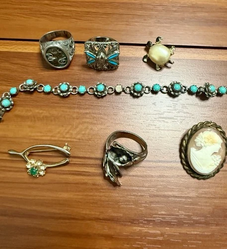 Vintage Mixed Costume Jewelry Lot – Rings, Bracelet, Cameo Brooch, Turquoise