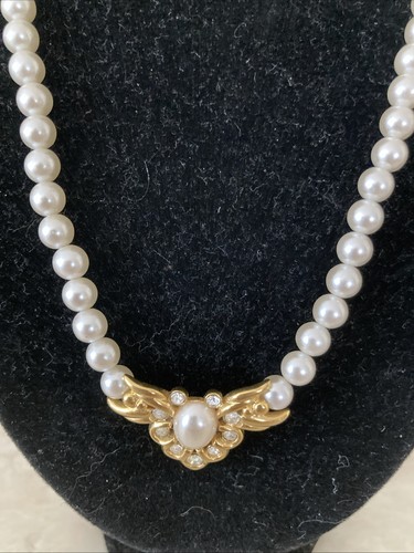 Collana Vintage Napier Finta Perla Ciondolo Tono Oro Marcato Strass 16” Patt # - Foto 2 di 10