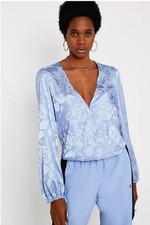 Urban Outfitters Audrina Jacquard Faux Wrap Blouse Large Petal Blue
