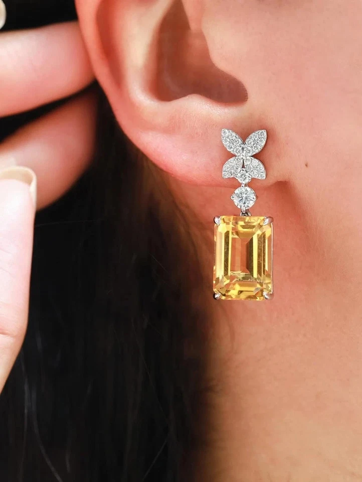 Pendientes de diamantes citrinos naturales esmeralda de 6,00 quilates de oro blanco macizo de 14 k Foto 3 de 4