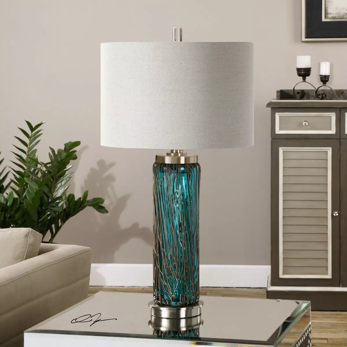 Aqua Ocean Blue Glass Table Lamp Twisted Bronze Contemporary