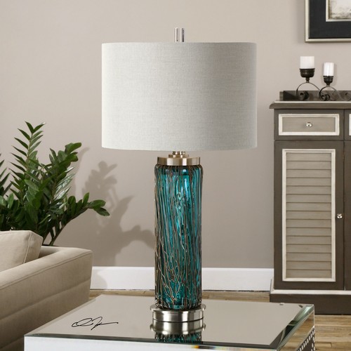 Aqua Ocean Blue Glass Table Lamp | Twisted Bronze Contemporary - Picture 2 of 3