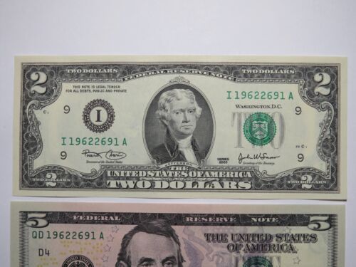 $2 2003 & $5 2021 Matching Radar Serial Numbers Federal Reserve Bank Note Bills - Picture 2 of 9