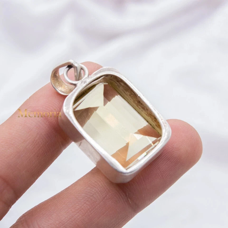925 Sterling Silver Radiant Cut Lemon Quartz Gemstone Pendant Handmade Jewelry - Image 4 of 4