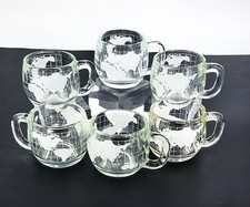 Set of Six 1970s Nestle Nescafe Clear Glass World Globe Coffee Mugs Etched Map