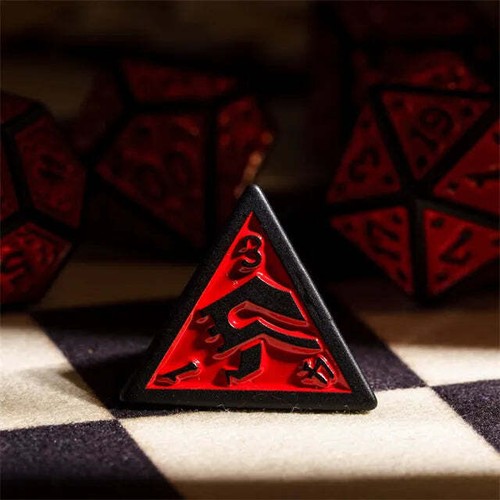 Black with Red Irregular Pattern Fill: 7-Piece Acrylic Dice Set - Picture 3 of 6