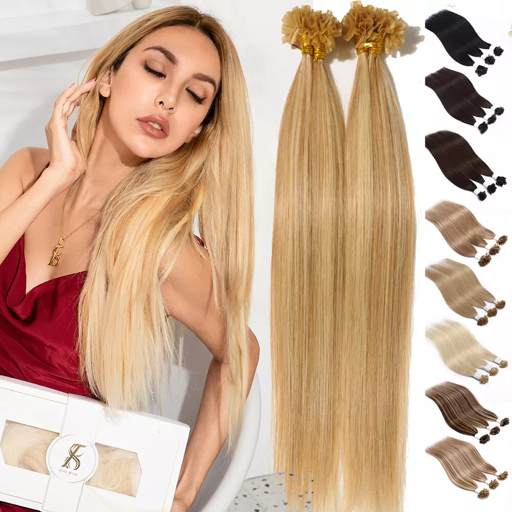 12 24inch Keratin Glue U Nail Tip Human Hair Extensions Remy Pre Bonded THICK 1G