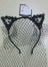 HALLOWEEN Party Dress up Fishnet Veil Cat Ears Headband Costume FREE EARRINGS