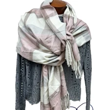 Pretty Persuasions Scarf Plaid Pink White Tan Fringe Oversized 72x30 Cottage NEW