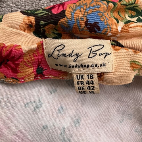 Lindy Bop Dress Women XL Tan Red Multi Floral Fit Flare Party Cocktail Retro - Picture 5 of 9