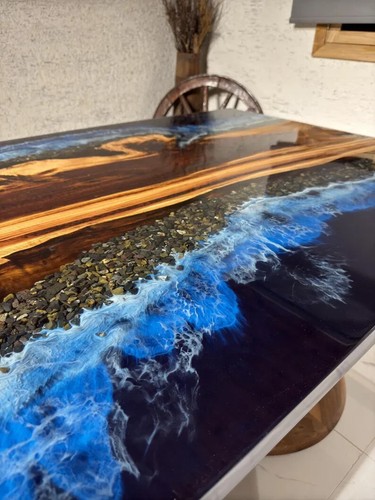 Stunning Ocean Walnut Epoxy Resin Dining Table Top, Wooden Office Desk Top - Picture 5 of 11
