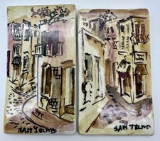 Pair Of Hand Painted Small Tiles San Telmo Ar...