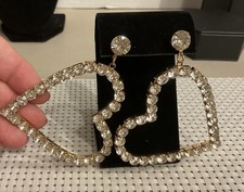 Rhinestone Heart Earrings 2.5   Pierced Gold TonedGorgeous  Sparkly