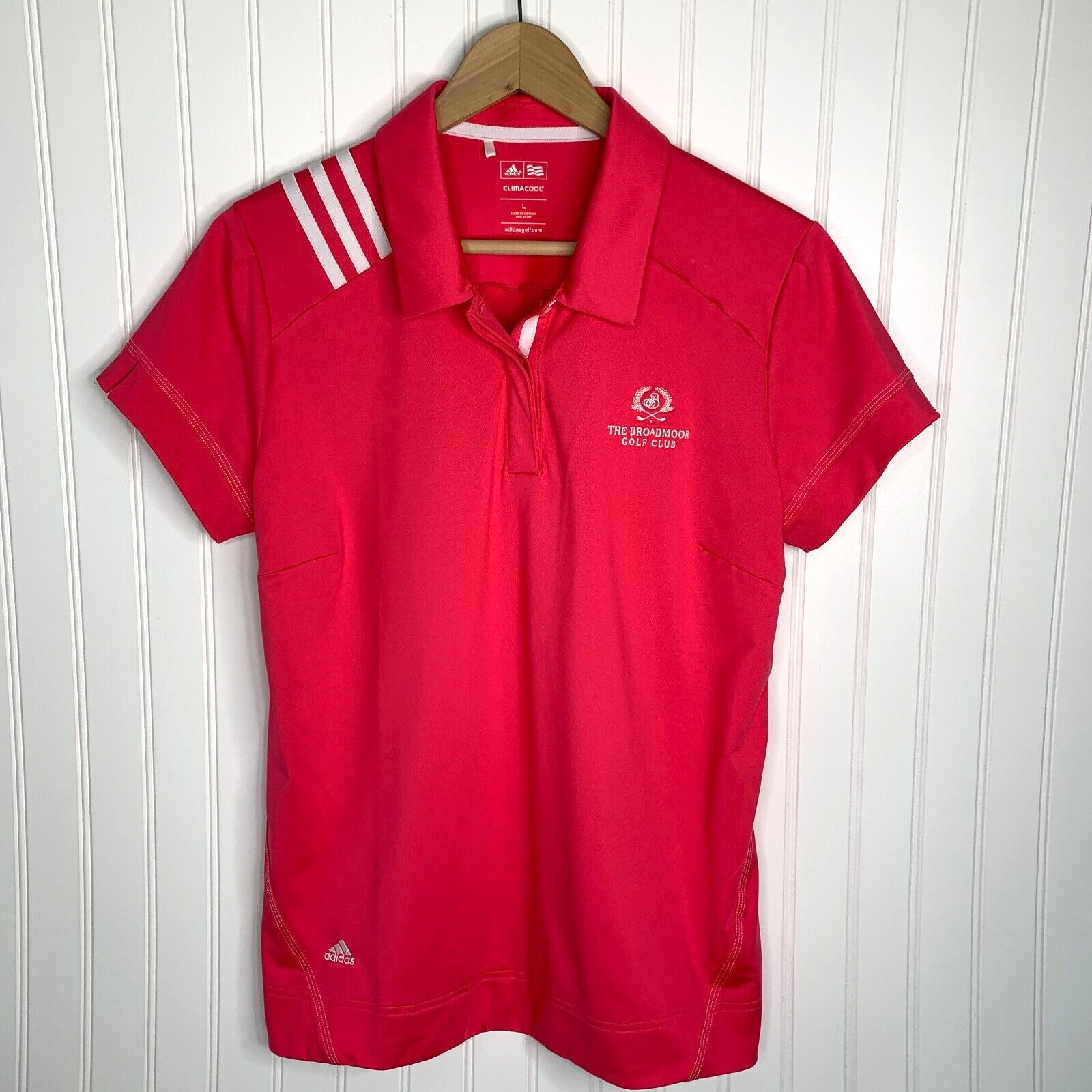 Adidas Polo Golf Shirt Womens Large Dark Pink Climacool Broadmoor Golf Club Logo