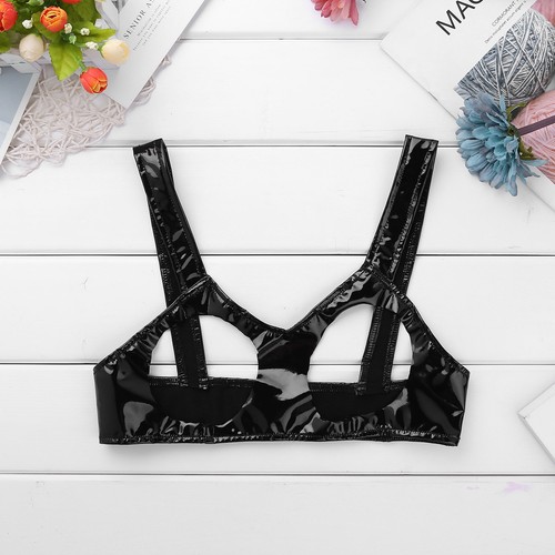 Women Sexy Cupless Bra PVC Leather Nipples Open Cup Underwear Lingerie Nightwear - Picture 8 of 45
