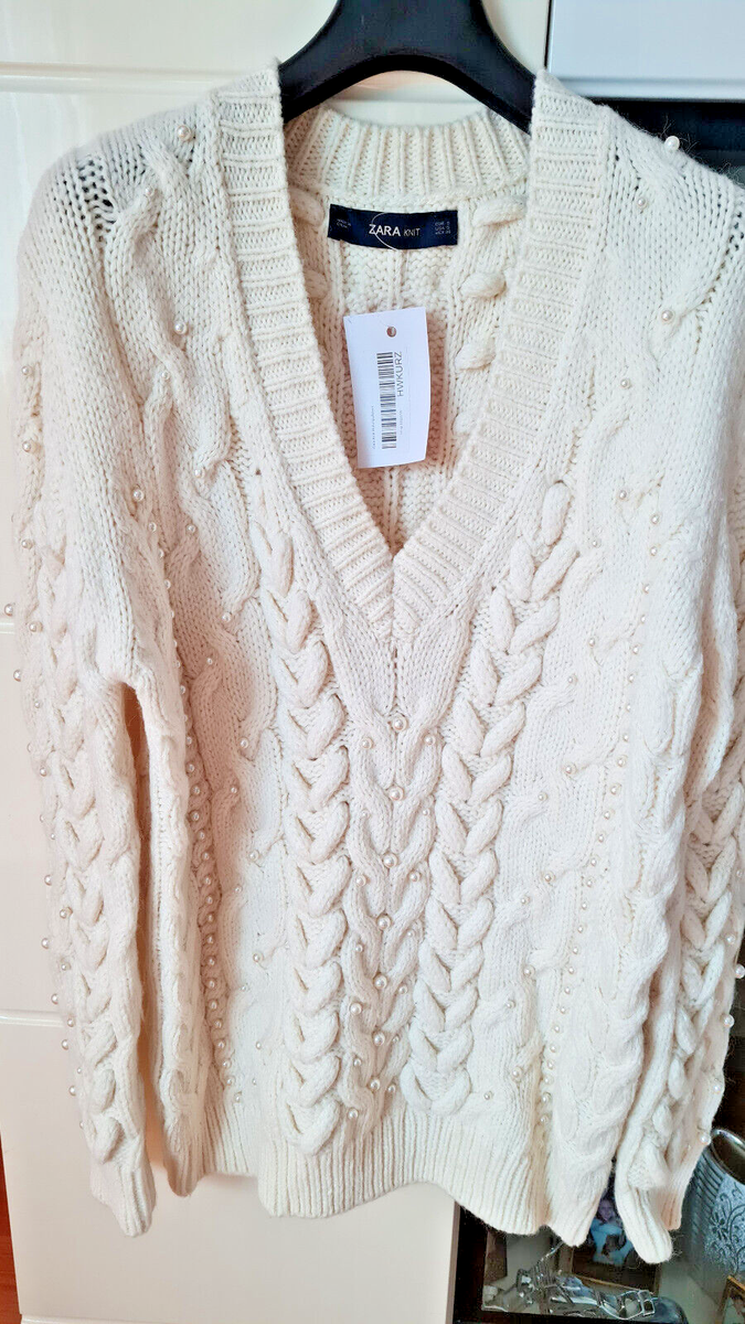 Zara Strickpullover Pullover mit Perlen bestickt Zopfmuster