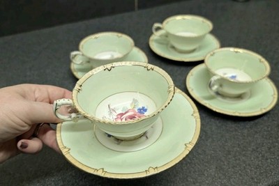 4x Vintage Paragon Cabbage Rose Mint Teetasse & Untertasse Set English Bone China