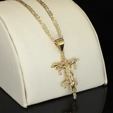 14k Gold Plated Iced Cz Crucifix Pendant 20" Figaro Chain Men Women Necklace