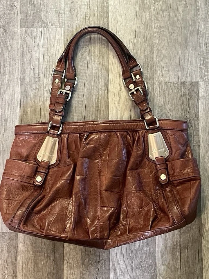 B MAKOWSKY Tan/Brown Croc-Embossed 100% Leather Slouch Shoulder Tote Purse Large