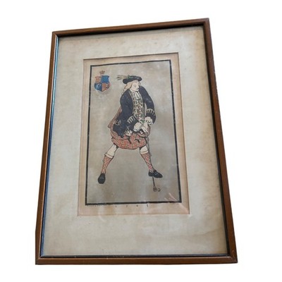 Vintage 1705 Framed Print Scottish Highlander Figure Coat of Arms Art