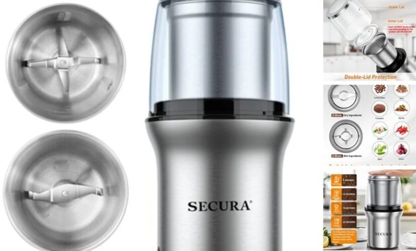Electric Coffee Grinder and Spice Grinder with 2 Silver,Black 2 removable bowl