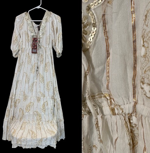 Robe maxi bohème Me 2 Magic Anthropologie XL dorée métallisée brodée lurex neuve avec étiquette - Photo 1/14