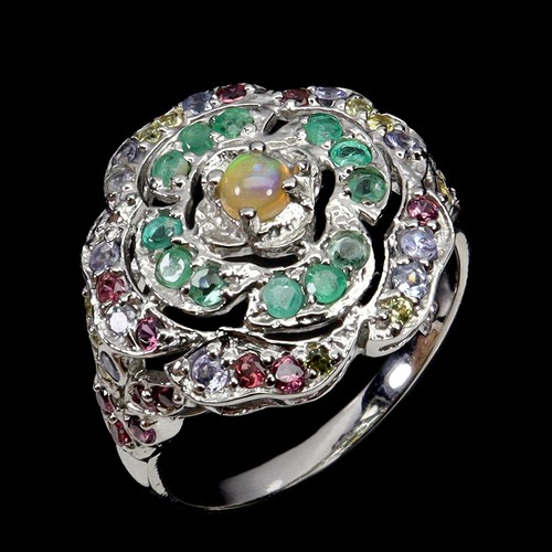 925 Sterling Silver Ring Round Fire Opal Emerald Natural Gemstone Jewelry Size 9 - Picture 2 of 14