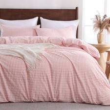 Cotton Pink Gingham Duvet Cover Bedding Set Linen Like, Queen Queen 90" X 90" 