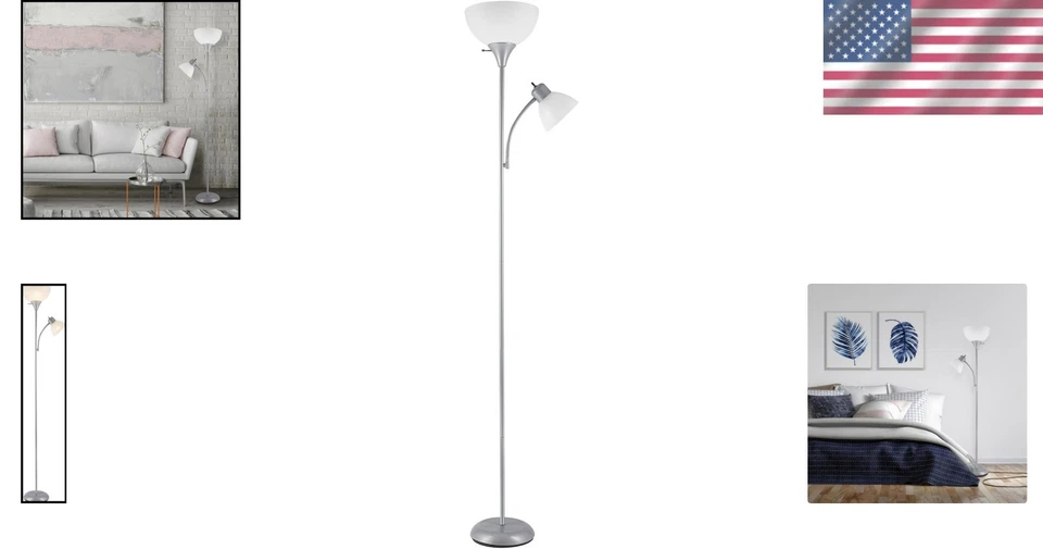 Lámpara de pie antorcha eléctrica 72 pulgadas con luz de lectura ajustable en plata Foto 2 de 4