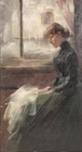Drawstring Hermann Pleuer (1863-1911) Woman At Window Train Compartment Oil Painting c. 1900