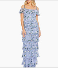 Mac Duggal Blue Floral Embroidered Mesh Off Shoulder tiered Maxi Dress. 14 