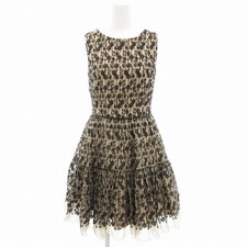 Red Valentino Sleeveless Dress Flare Gather Knee Length Embroidery Silk 38 Beige