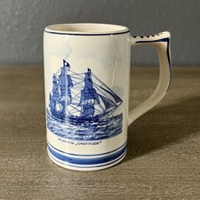 Vintage Blue Delfts Hand Painted Capturing Sperm Whale Ship Holland Mug Cup